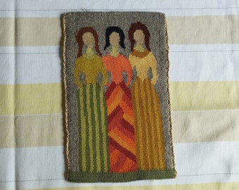 Lovely handwoven Flemish tapestry with three ladies. Swedish Vintage 1960s.