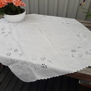 White linen handmade embroidered tablecloth. Swedish vintage 1970s.