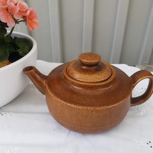 May include: A brown ceramic teapot with a lid. The teapot has a rounded body and a handle on the right side.