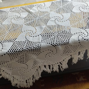 Vintage hand crochet white tablecloth with fringes. Sweden 1970s.