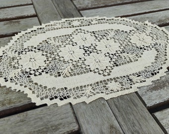 Handmade oval beige filet lace tablecloth.  Swedish vintage 1950.