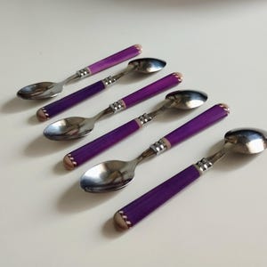 Vintage Lila Edelstahl Teelöffel, 6er Set, Mid-Century Wunderliches Besteck