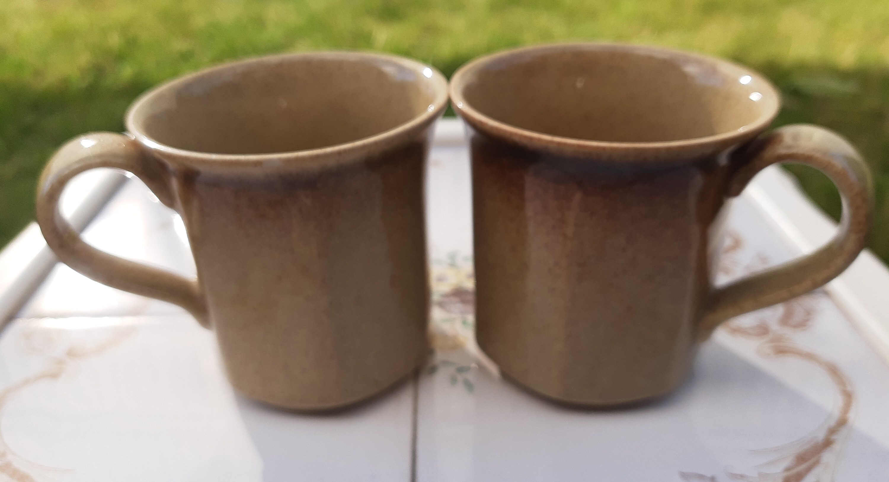 Two Hoganas beige and bronze spotted ceramic mugs.  Swedish vintage 1970s.