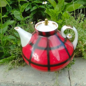 Big Soviet red and black porcelain teapot. Vintage 1970s.