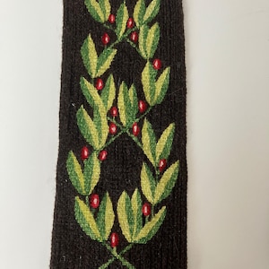 Handwoven Flemish tapestry in green and red. Swedish vintage 1970s.