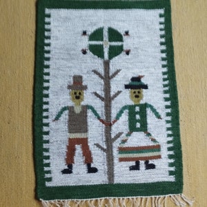 Handwoven Polish Cepelia tapestry &quot;Harvest festival&quot;. Polish vintage 1960s.