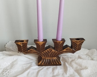 Wooden hand carved Christmas candelabrum branch chandelier for 4 candles. Swedish vintage 1970s.