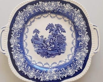 Watteau schaal van Wood and Sons, blauw-wit transferware taartbord, keramiek uit de jaren 1950 in Staffordshire