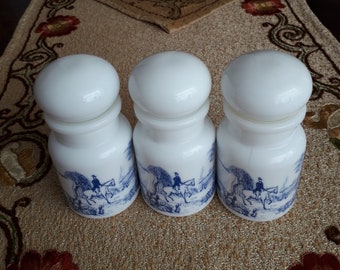 Three white and blue Belgian jars with lid. Vintage 1970s.