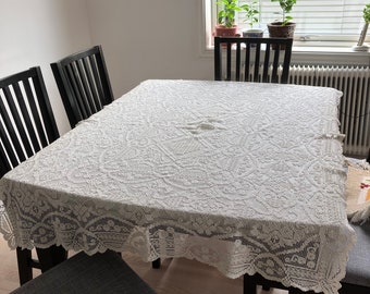 繊細な白いリネンのハンドメイドテーブルクロス。スウェーデン製、1980