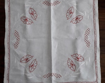 White linen handmade embroidered tablecloth. Swedish vintage 1970s.