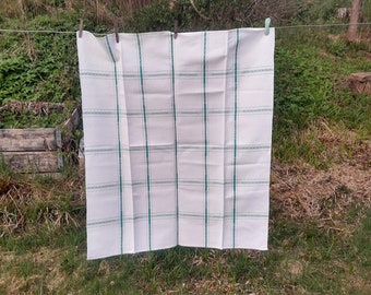 Woven white and green linen tablecloth.  Swedish vintage 1970s.