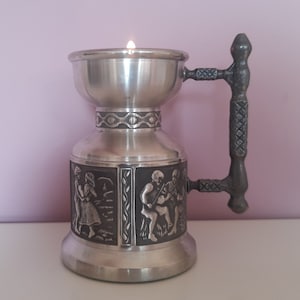 Decorative vintage pewter T-light holder with handle. Swedish art 1970s.