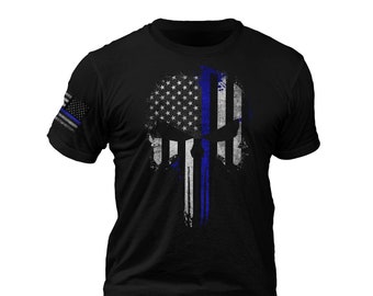 Thin Blue Line Flag Skull Police Lives Flag on Sleeve T-Shirt
