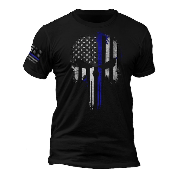 Thin Blue Line Flag Skull Police Lives Flag on Sleeve T-Shirt