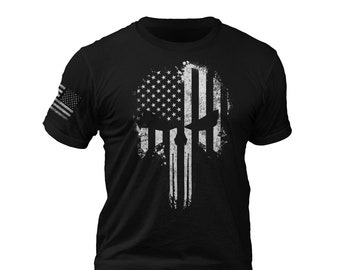 USA Patriotic Shirt Tactical Desaturated Skull Flag on Sleeve Men's T-Shirt