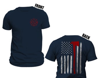 Thin Red Line Flag With Axe US Firefighter Front & Back Print T-Shirt