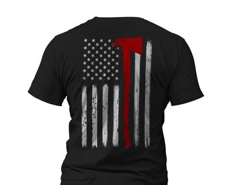 Thin Red Line Flag Axe Design US Firefighter Front or Back Print T-Shirt