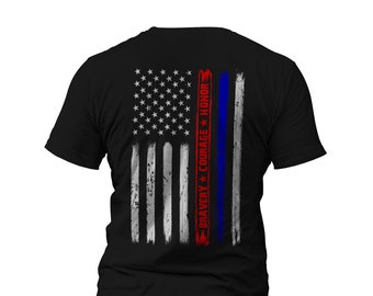 Firefighter Police Bravery Courage Honor Thin Red Blue Line Vertical Flag T-Shirt