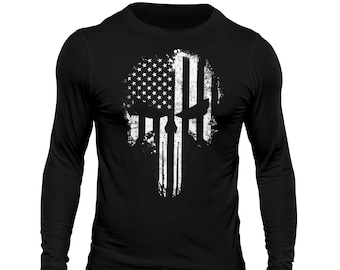 USA Flagge Taktisches B & W Schädel Langarm Herren T-Shirt