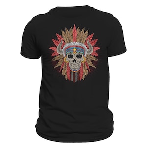 May include: Black t-shirt with a colorful illustration of a skull wearing a headdress with feathers. The skull has a blue and white headband with colorful geometric designs.