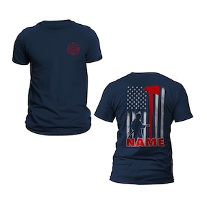 Personalized Firefighter T-Shirt Custom Name Thin Red Line Axe Design