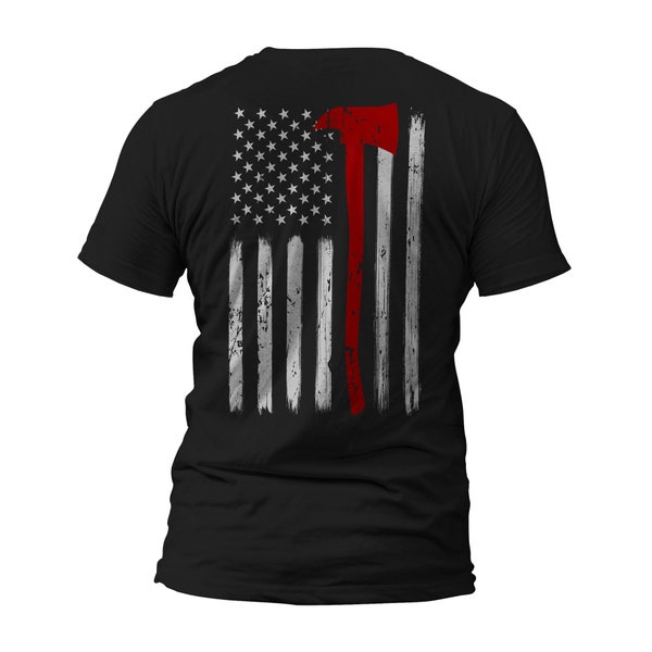 Thin Red Line Flag Axe Design US Firefighter Front or Back Print T-Shirt