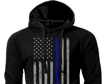 Thin Blue Line Vertical Brushed Flag Front Print Police Hoodie Sweatshirt
