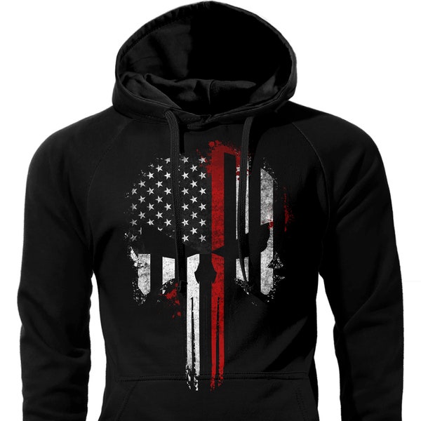 Thin Red Line Flag Skull USA Firefighter Hoodie Sweatshirt