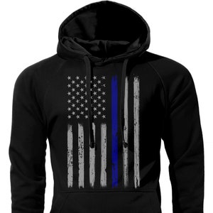 Thin Blue Line Vertical Brushed Flag Front Print Police Hoodie Sweatshirt Black