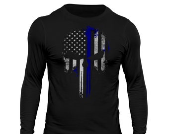 Thin Blue Line Flag Skull Patriotic USA Tactical Men's Long Sleeve T-Shirt