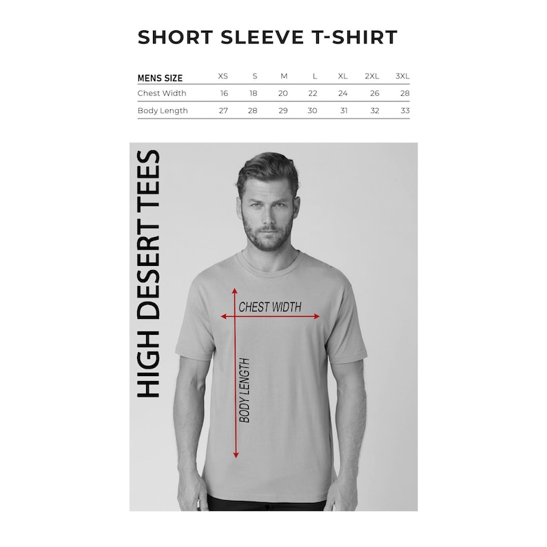 May include: A size chart for a short sleeve t-shirt with measurements in inches for chest width and body length. The chart shows sizes from XS to 3XL.