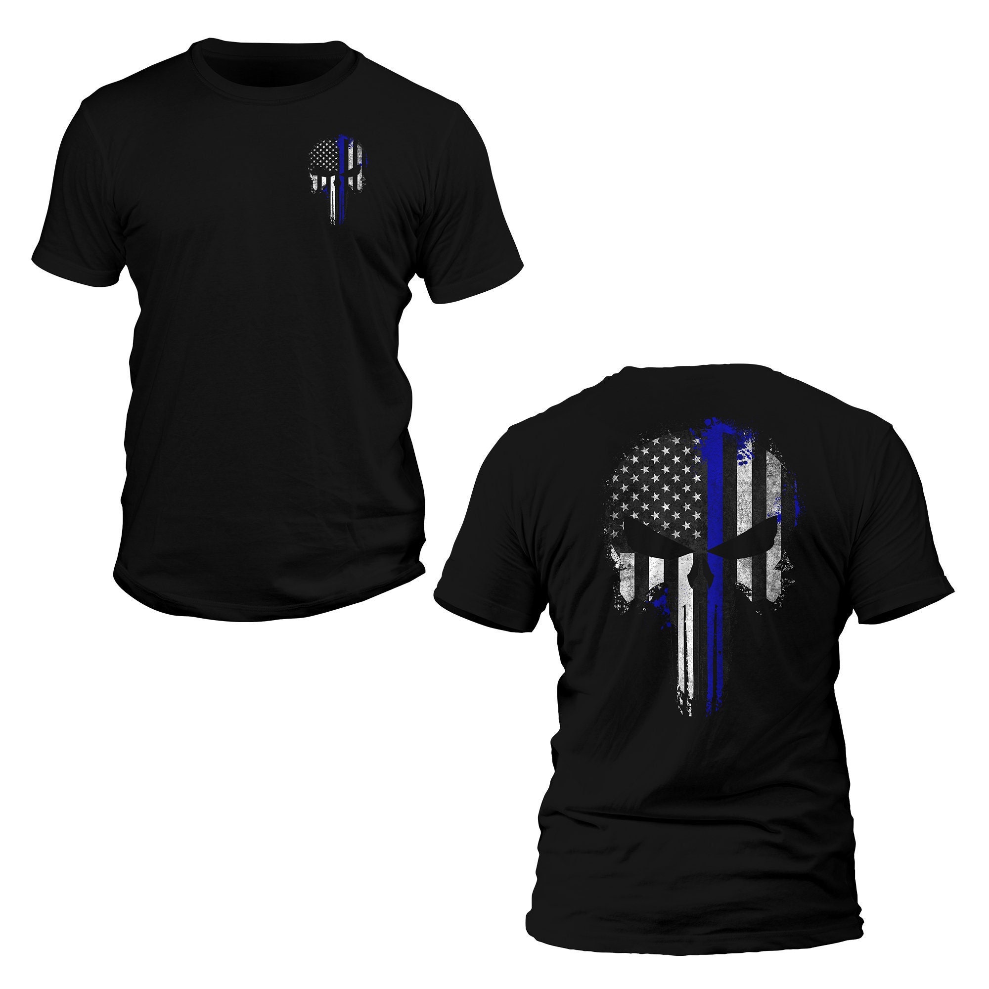 Thin Blue Line Flag Skull Police Front Back Print T-Shirt