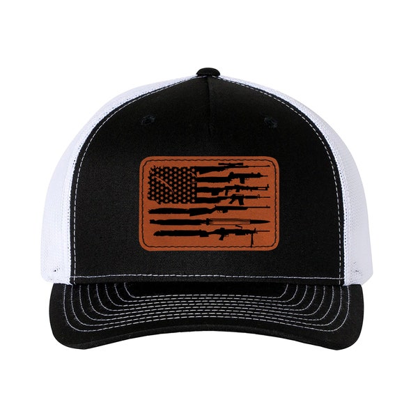 2nd Amendment Guns US Flag Leather Patch Hat | Leatherette | Trucker Style | Snap Back |
