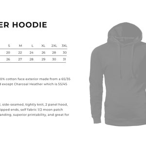 May include: Gray pullover hoodie with a drawstring hood. Size chart shows chest width and body length measurements in inches for sizes XS to 3XL. Fabric details: 7.0 oz. 3-end fleece, 100% cotton face exterior made from a 65/35 cotton/polyester blend except Charcoal Heather which is 55/45 cotton/polyester.