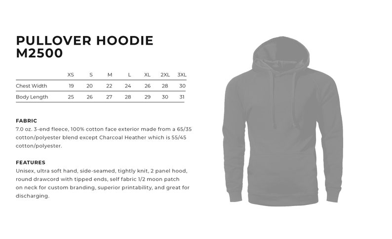 May include: Gray pullover hoodie with a drawstring hood. Size chart shows chest width and body length measurements in inches for sizes XS to 3XL. Fabric details: 7.0 oz. 3-end fleece, 100% cotton face exterior made from a 65/35 cotton/polyester blend except Charcoal Heather which is 55/45 cotton/polyester.