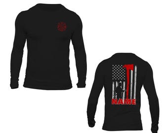 Personalized Firefighter Long Sleeve T-Shirt Custom Name Thin Red Line Axe Design