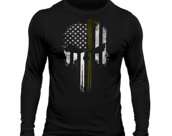 Thin Green Line Flag Skull Patriotic USA Army Men's Long Sleeve T-Shirt