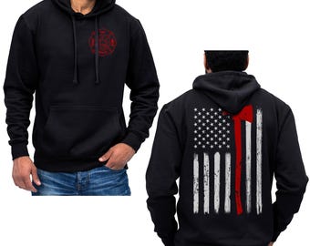 Thin Red Line Flag Axe Design USA Firefighter Hoodie Sweatshirt