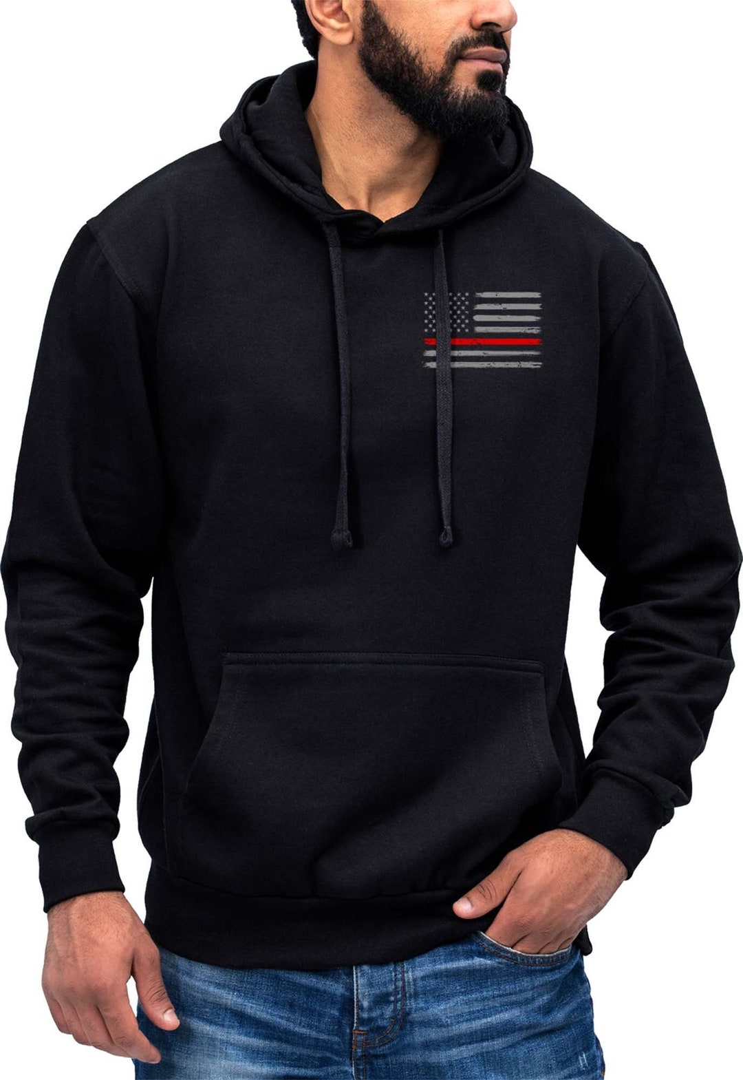 Thin Red Line Flag Left Chest Print US Firefighter Hoodie - Etsy