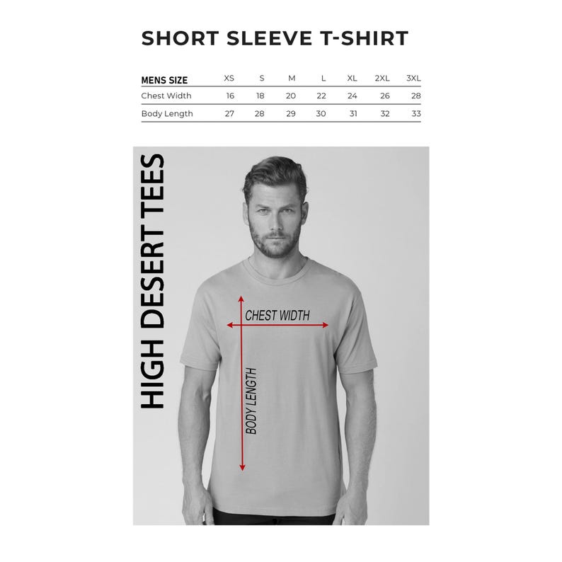May include: A size chart for a short sleeve t-shirt with measurements in inches for chest width and body length. The chart shows sizes from XS to 3XL.