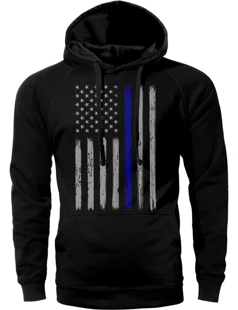 Thin Blue Line Vertical Brushed Flag Front Print Police Hoodie Sweatshirt Black