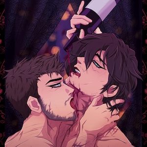 May include: A digital illustration featuring two individuals with dark hair and facial stubble. One individual pours red liquid from a dark bottle onto the neck of the other. The scene is framed by dark curtains and a border decorated with red roses.