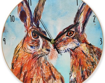 Flo & Mabel the hares FSC timber 25cm wall clock, made in the UK