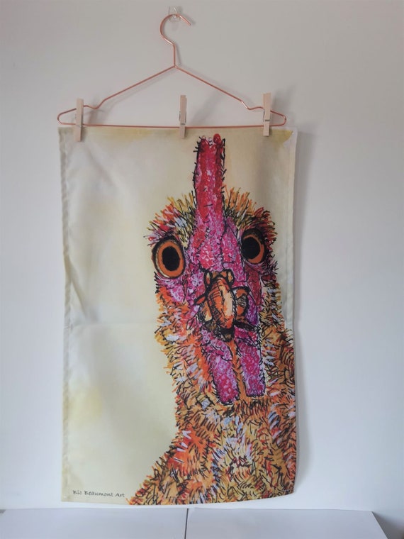 Shirley the turkey organic cotton tea towel, whimsical art, original acrylic and watercolour painting