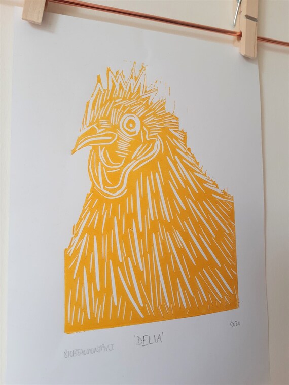 Delia the chicken, hand pressed lino print on recycled paper (available in red, yellow or orange ink)