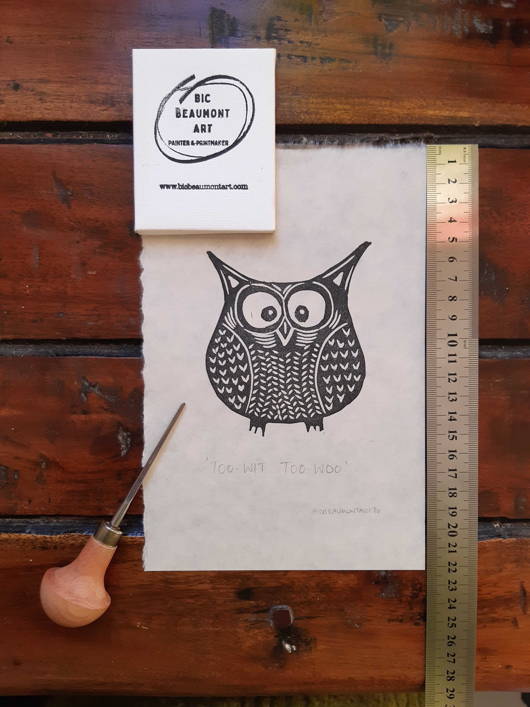 Owl, hand pressed lino print