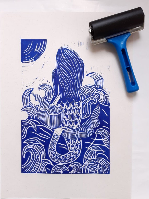 The Moon Mermaid, hand printed A4 lino cut print