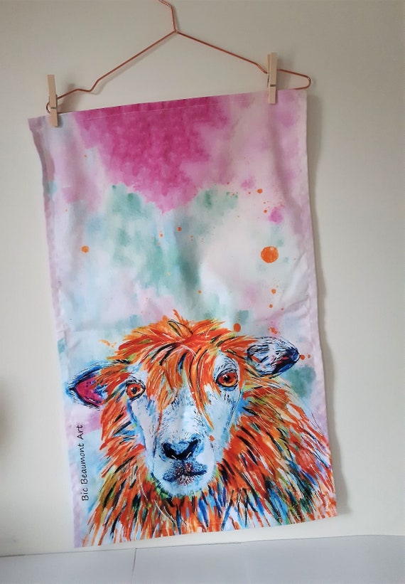 David the sheep organic cotton tea towel, printed from the original acrylic and watercolour painting