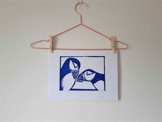 Puffin Love lino print in blue ink on recycled paper, original hand pressed